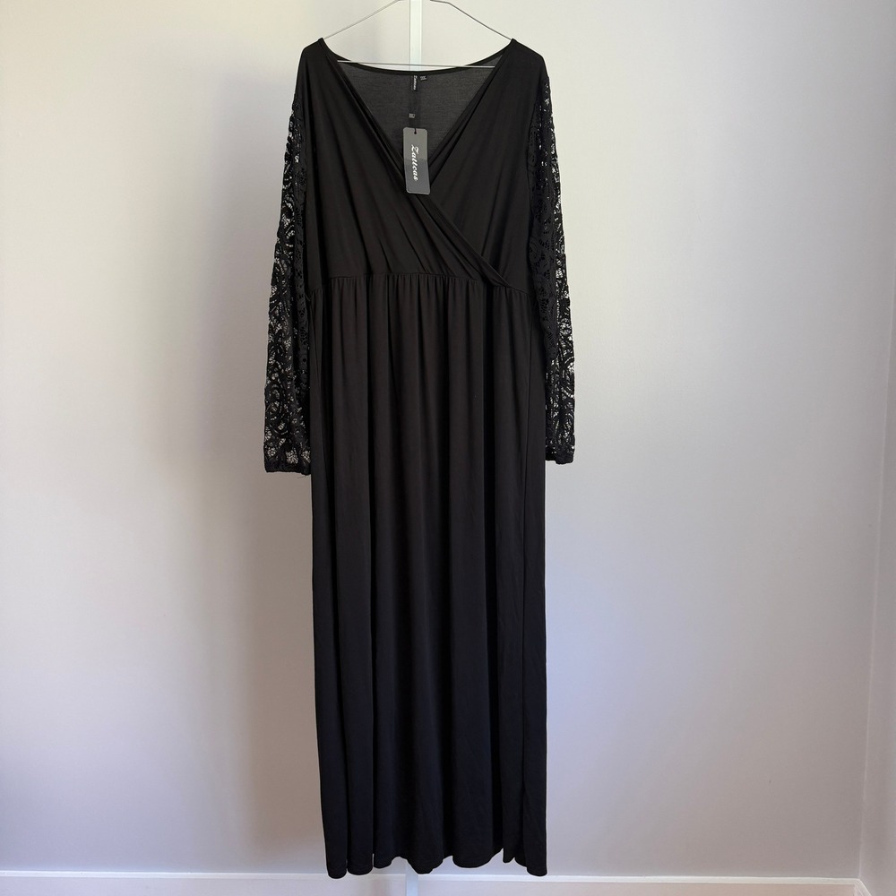 Zattcas Women's XXXL Black Maxi‎ Dress Long Lace Sleeve V Neck